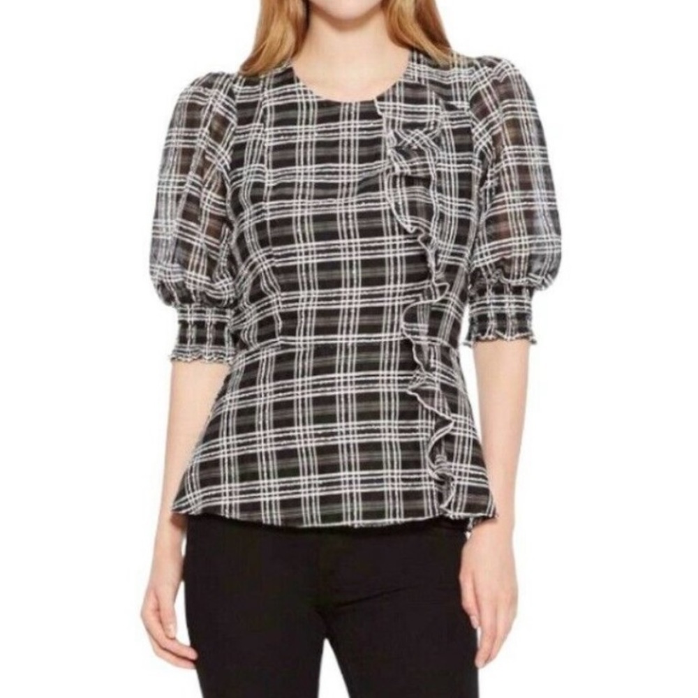 Parker Calli Plaid Ruffle Puff Sleeve Peplum Top